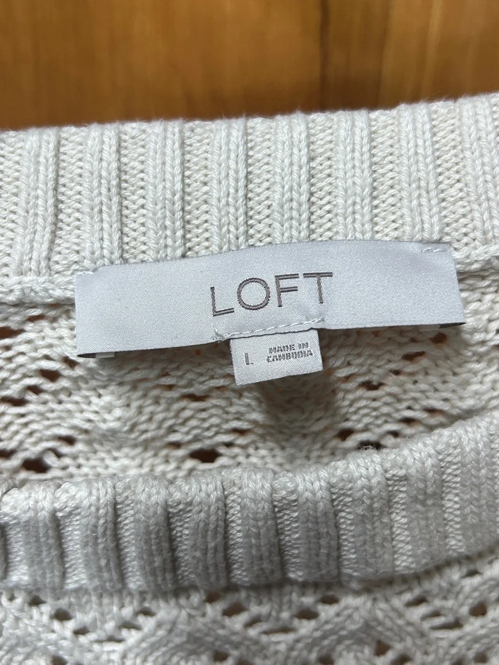 LOFT Cream Openwork Short Sleeve Crewneck Sweater